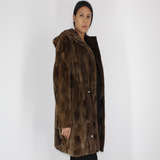 Demi-buff shaved mink pieces ¾ coat with hood