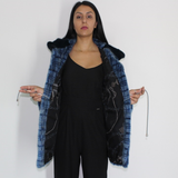 Blue colored mink in big pieces jacket with hood