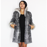 Astrakhan grey ¾ coat with sapphire mink trimming