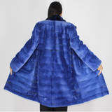 Electric-blue colored shaved mink coat with chinchilla collar