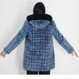 Blue colored mink in big pieces jacket with hood