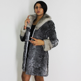 Astrakhan grey ¾ coat with sapphire mink trimming