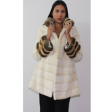 Pearl shaved mink ¾ coat with chinchilla trimming
