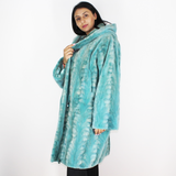 Turquoise shaved mink pieces coat with hood