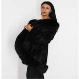 Broadtail Astrakhan black cape-jacket with black fox trimming