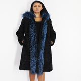 Astrakhan black coat with blue electric colored fox