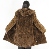 Demi-buff shaved mink pieces ¾ coat with hood