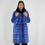 Electric-blue colored shaved mink coat with chinchilla collar