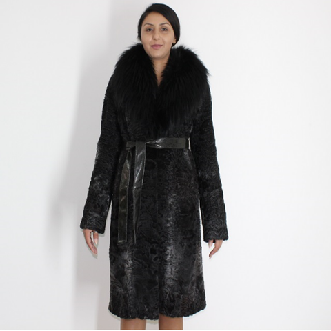 Astrakhan anthracite coat with fox collar