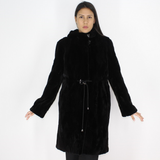 Black shaved mink pieces coat with hood