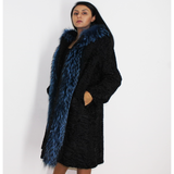 Astrakhan black coat with blue electric colored fox