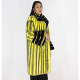 Black-cross yellow colored mink coat with black mink trimming