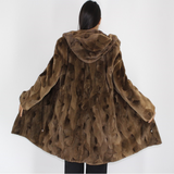 Demi-buff shaved mink pieces ¾ coat with hood