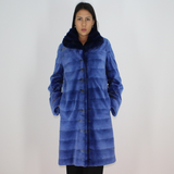 Electric-blue colored shaved mink coat with chinchilla collar