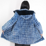 Blue colored mink in big pieces jacket with hood