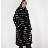 Black with stripes of white shaved mink coat