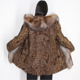 Astrakhan brown jacket with crystal fox trimming and hood