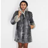 Astrakhan grey ¾ coat with sapphire mink trimming