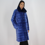 Electric-blue colored shaved mink coat with chinchilla collar