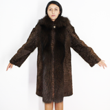 Astrakhan brown coat with hood and brown fox trimming