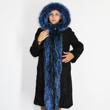 Astrakhan black coat with blue electric colored fox