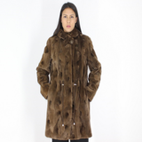 Demi-buff shaved mink pieces ¾ coat with hood