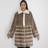 Silver grey mink ¾ coat with white mink stripes and collar