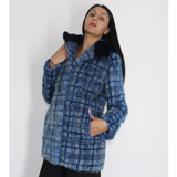 Blue colored mink in big pieces jacket with hood