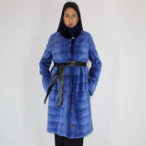 Electric-blue colored shaved mink coat with chinchilla collar