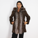 Astrakhan brown jacket with crystal fox trimming and hood