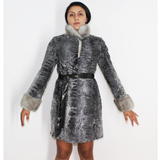 Astrakhan grey ¾ coat with sapphire mink trimming