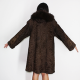 Astrakhan brown coat with hood and brown fox trimming