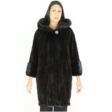 Ranch shaved mink pieces coat with hood and mink trimming