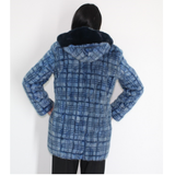 Blue colored mink in big pieces jacket with hood