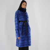 Electric-blue colored shaved mink coat with chinchilla collar