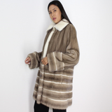 Silver grey mink ¾ coat with white mink stripes and collar