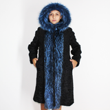 Astrakhan black coat with blue electric colored fox