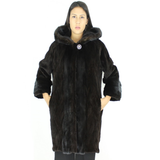 Ranch shaved mink pieces coat with hood and mink trimming