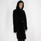 Black shaved mink pieces coat with hood