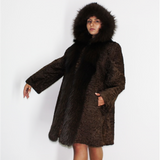 Astrakhan brown coat with hood and brown fox trimming