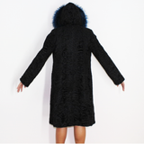 Astrakhan black coat with blue electric colored fox