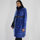 Electric-blue colored shaved mink coat with chinchilla collar