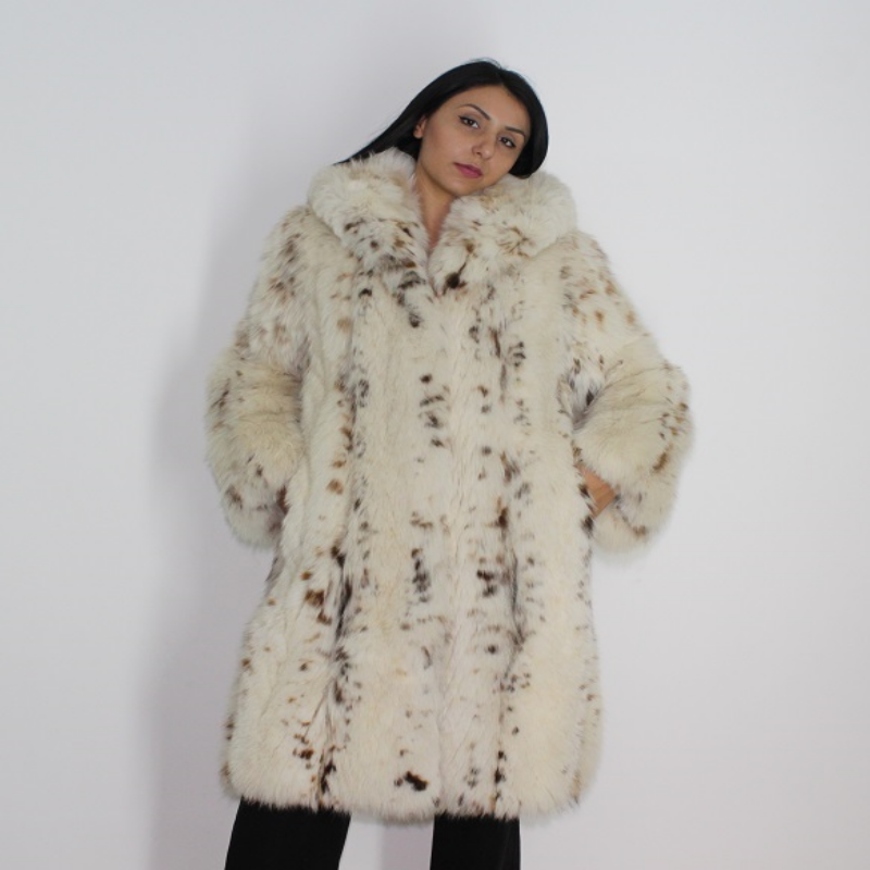 White Beige Lynx Fur Jacket with Hood for Women
