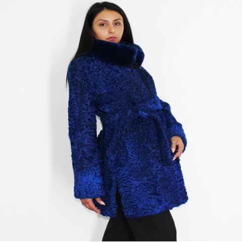 Astrakhan Colored blue electric ¾ coat with beaver collar