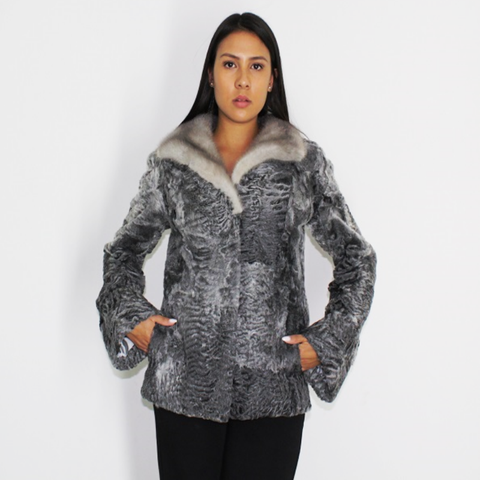 Astrakhan grey jacket with sapphire mink collar