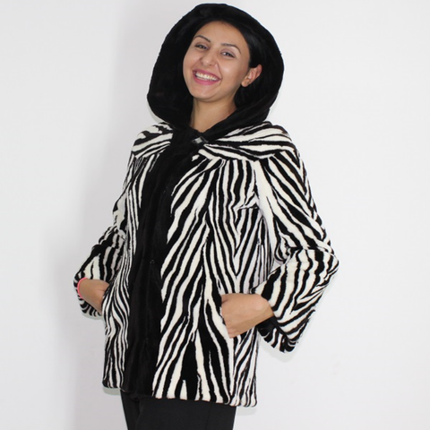 MI Black and white shaved mink pieces jacket with hood