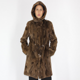 Demi-buff shaved mink pieces ¾ coat with hood