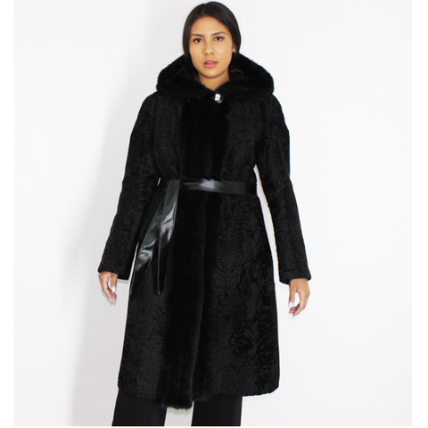 Astrakhan black coat with mink trimming