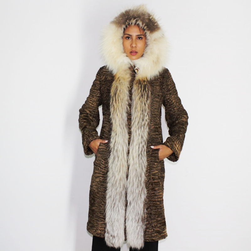Astrakhan brown coat with hood and crystal fox trimming