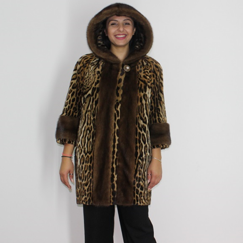 Ocelot coat with hood and mink trimming